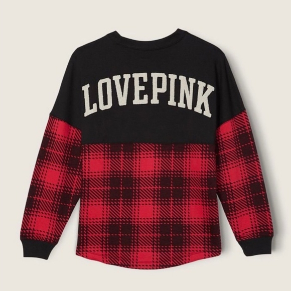 PINK VS Varsity Crewneck Sweatshirt Pure Black Plaid NWT - Picture 7 of 7